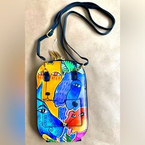 NWOT Laurel Burch vegan leather oval crossbody with dogs 8.25” x 5.25”